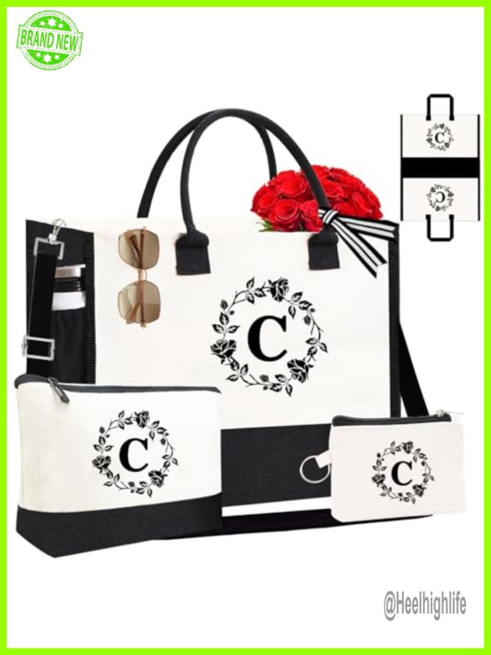 Personalized Initial Canvas Tote Bag with Cosmetic Bag & Card Holder